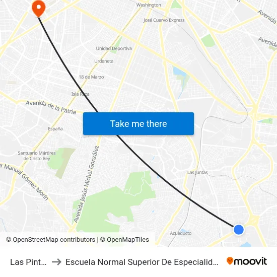 Las Pintas to Escuela Normal Superior De Especialidades map