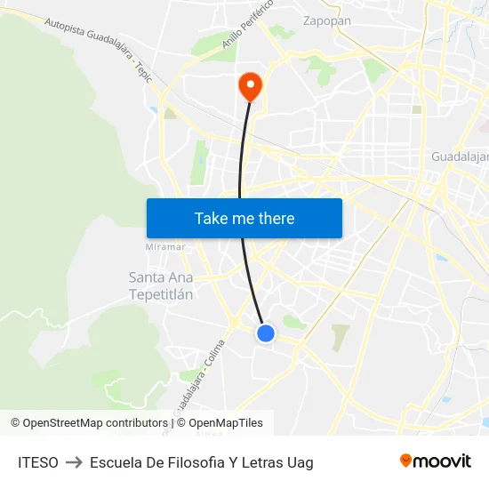 ITESO to Escuela De Filosofia Y Letras Uag map