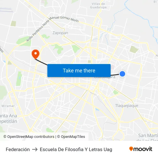 Federación to Escuela De Filosofia Y Letras Uag map