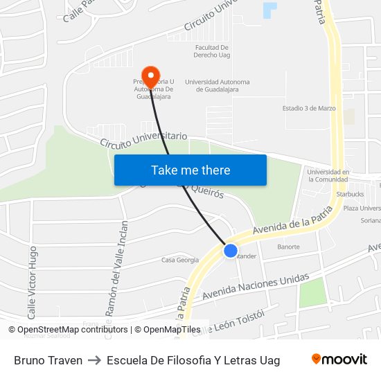 Bruno Traven to Escuela De Filosofia Y Letras Uag map