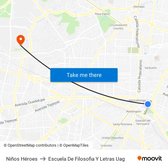 Niños Héroes to Escuela De Filosofia Y Letras Uag map