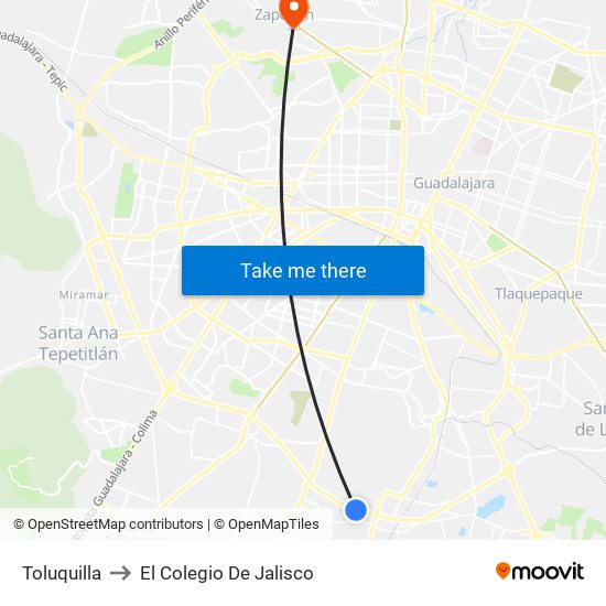 Toluquilla to El Colegio De Jalisco map