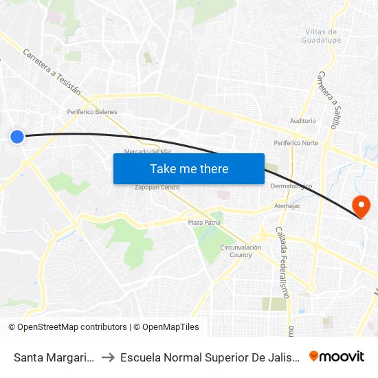 Santa Margarita to Escuela Normal Superior De Jalisco map