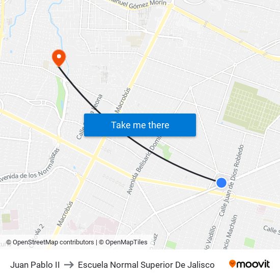 Juan Pablo II to Escuela Normal Superior De Jalisco map