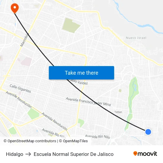 Hidalgo to Escuela Normal Superior De Jalisco map
