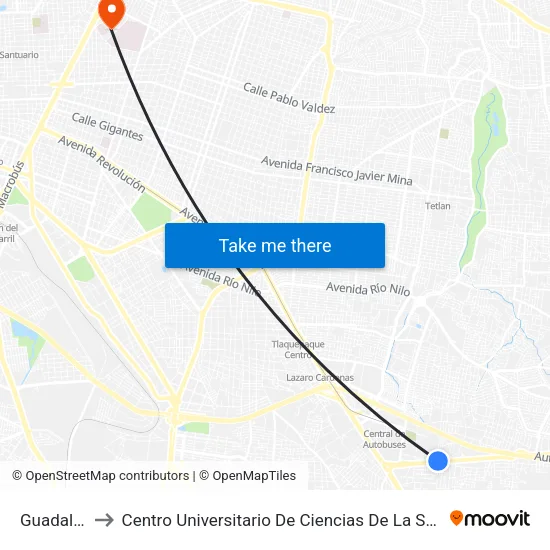Guadalupe to Centro Universitario De Ciencias De La Salud (Cucs) map