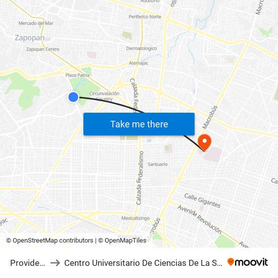 Providencia to Centro Universitario De Ciencias De La Salud (Cucs) map