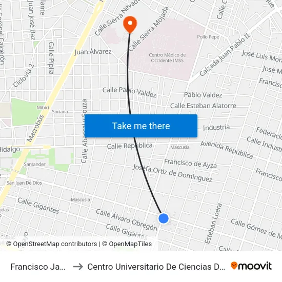 Francisco Javier Mina to Centro Universitario De Ciencias De La Salud (Cucs) map
