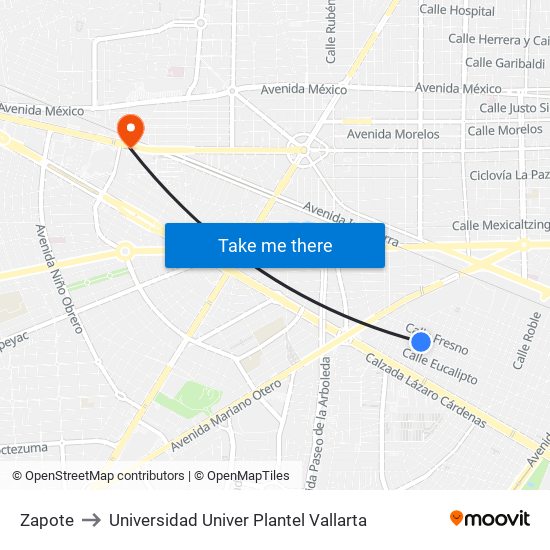 Zapote to Universidad Univer Plantel Vallarta map