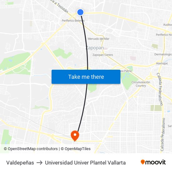 Valdepeñas to Universidad Univer Plantel Vallarta map