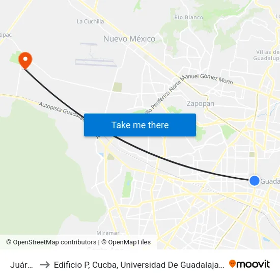 Juárez to Edificio P, Cucba, Universidad De Guadalajara map