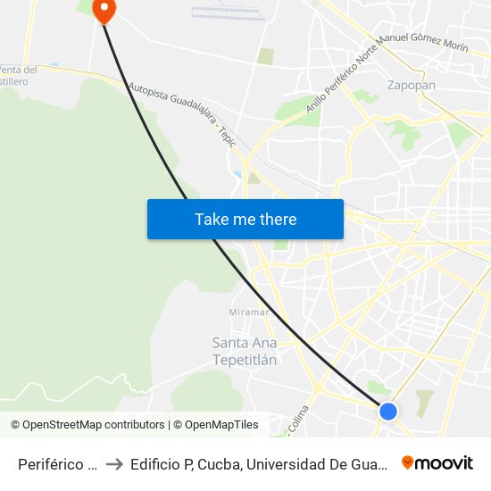 Periférico Sur to Edificio P, Cucba, Universidad De Guadalajara map