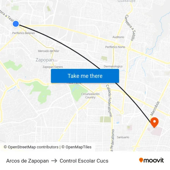Arcos de Zapopan to Control Escolar Cucs map