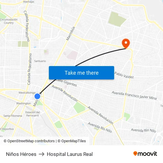 Niños Héroes to Hospital Laurus Real map