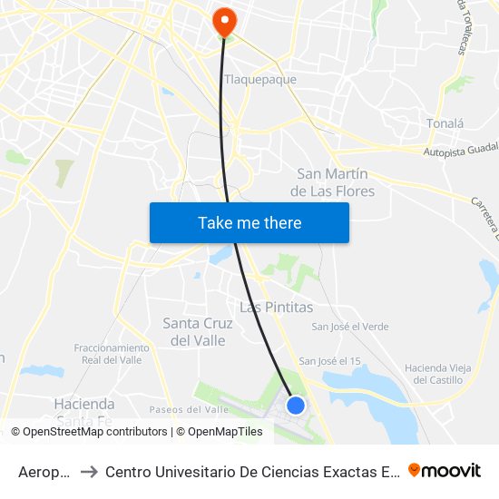 Aeropuerto to Centro Univesitario De Ciencias Exactas E Ingenierías (Cucei) map