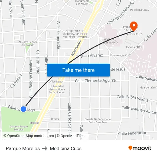 Parque Morelos to Medicina Cucs map