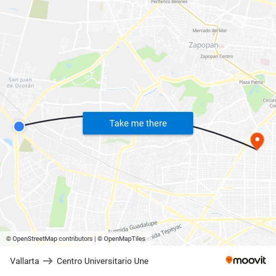 Vallarta to Centro Universitario Une map