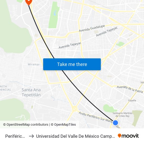 Periférico Sur to Universidad Del Valle De México Campus Zapopan map