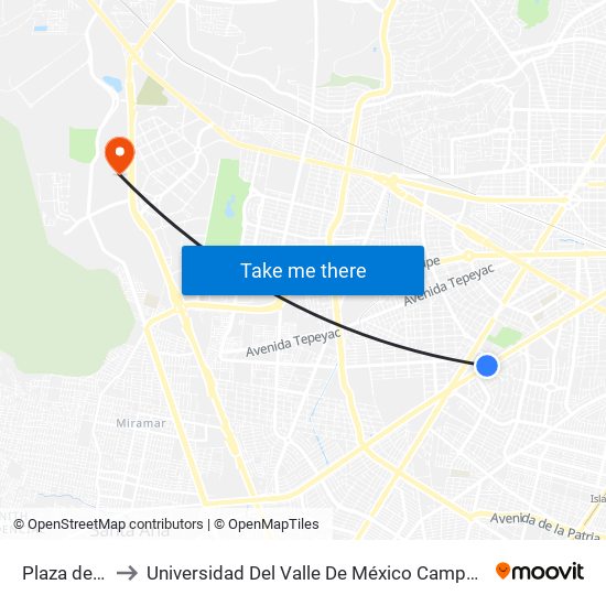 Plaza del Sol to Universidad Del Valle De México Campus Zapopan map