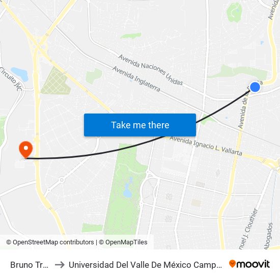 Bruno Traven to Universidad Del Valle De México Campus Zapopan map