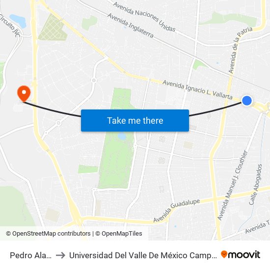 Pedro Alarcón to Universidad Del Valle De México Campus Zapopan map