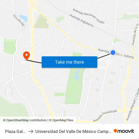 Plaza Galerías to Universidad Del Valle De México Campus Zapopan map