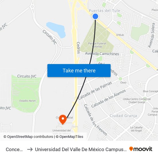 Concentro to Universidad Del Valle De México Campus Zapopan map