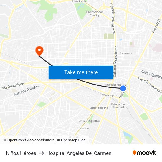 Niños Héroes to Hospital Angeles Del Carmen map