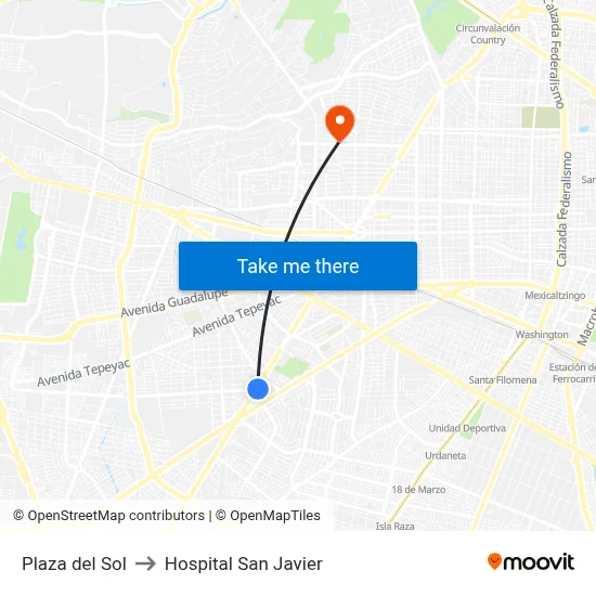Plaza del Sol to Hospital San Javier map