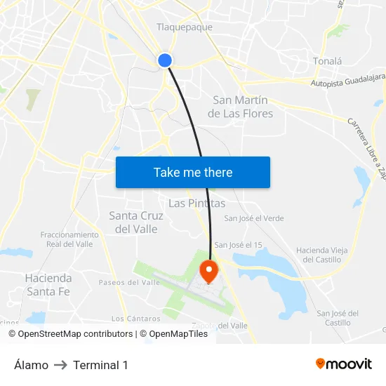 Álamo to Terminal 1 map