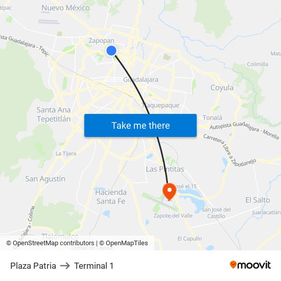 Plaza Patria to Terminal 1 map