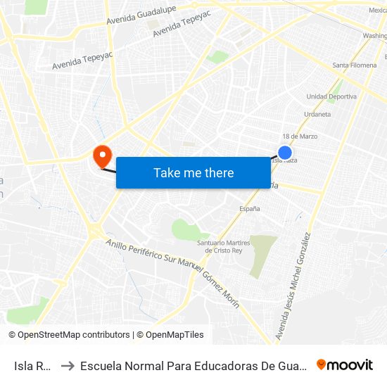 Isla Raza to Escuela Normal Para Educadoras De Guadalajara map