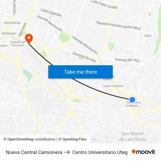 Nueva Central Camionera to Centro Universitario Uteg map
