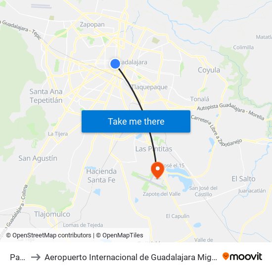 Paraninfo to Aeropuerto Internacional de Guadalajara  Miguel Hidalgo y Costilla  (GDL) (Aeropuerto Internacional map