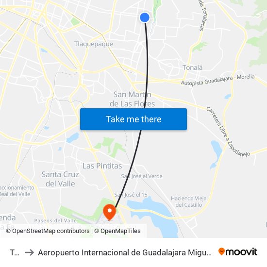 Tetlán to Aeropuerto Internacional de Guadalajara  Miguel Hidalgo y Costilla  (GDL) (Aeropuerto Internacional map