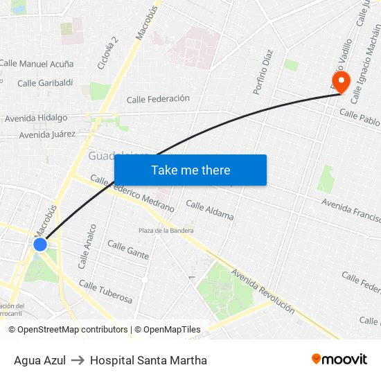 Agua Azul to Hospital Santa Martha map