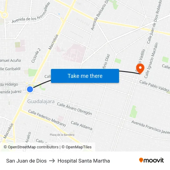 San Juan de Dios to Hospital Santa Martha map