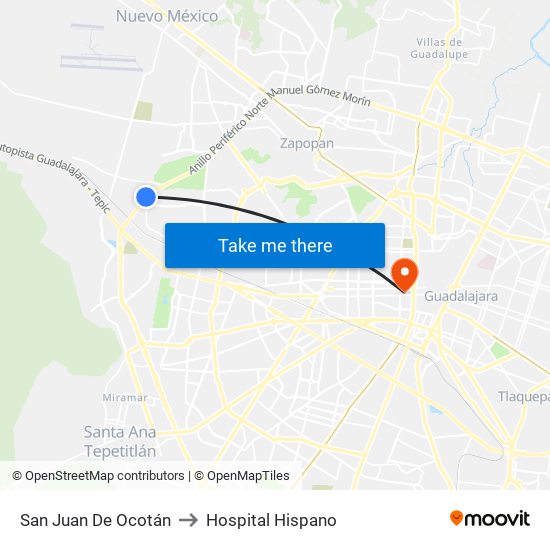 San Juan De Ocotán to Hospital Hispano map