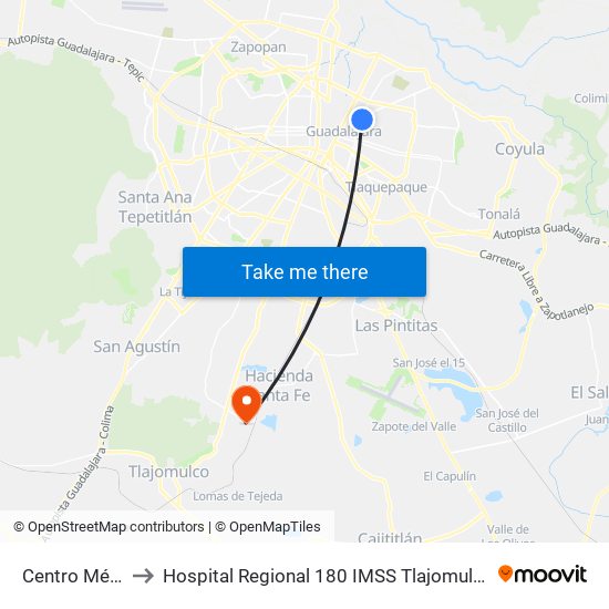 Centro Médico to Hospital Regional 180 IMSS Tlajomulco Jalisco map