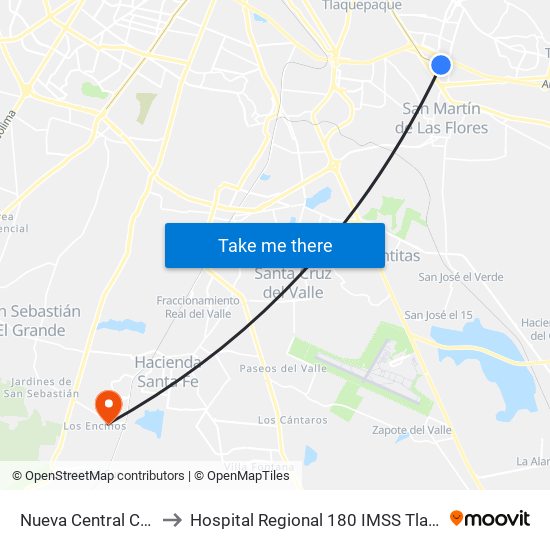 Nueva Central Camionera to Hospital Regional 180 IMSS Tlajomulco Jalisco map