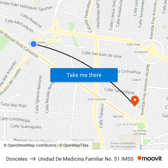 Donceles to Unidad De Medicina Familiar No. 51 IMSS map