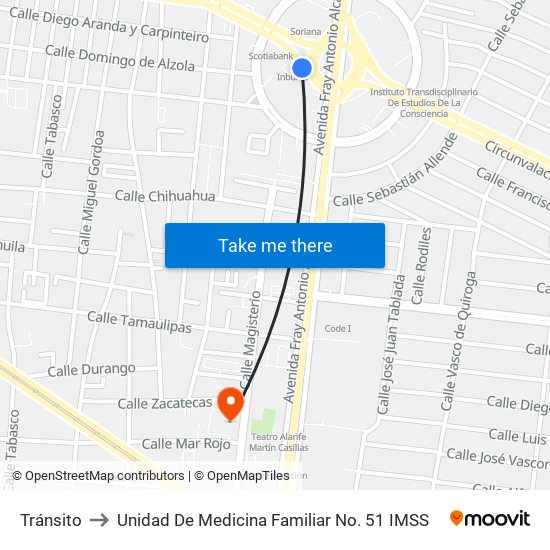 Tránsito to Unidad De Medicina Familiar No. 51 IMSS map