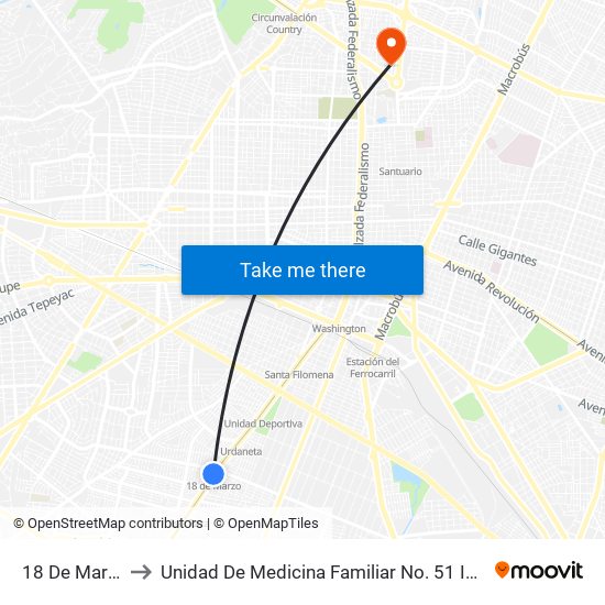 18 de Marzo to Unidad De Medicina Familiar No. 51 IMSS map