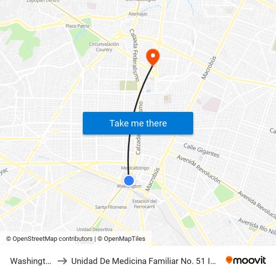 Washington to Unidad De Medicina Familiar No. 51 IMSS map