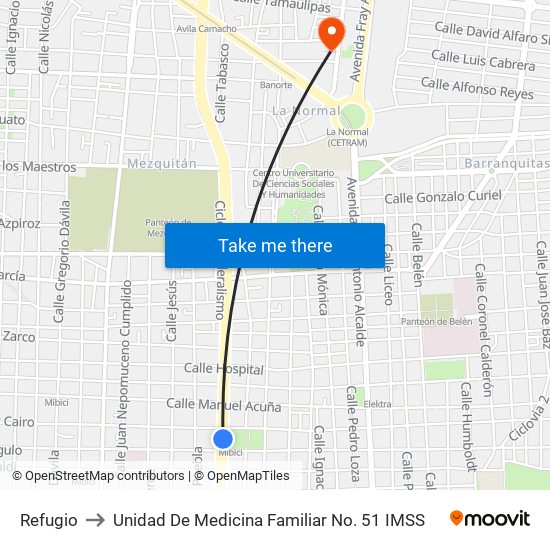 Refugio to Unidad De Medicina Familiar No. 51 IMSS map