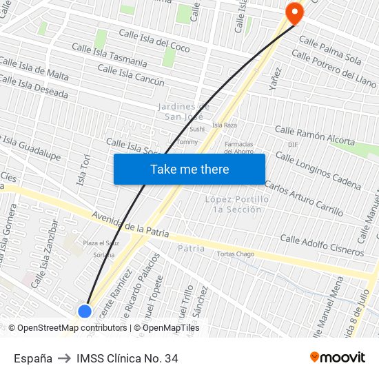 España to IMSS Clínica No. 34 map