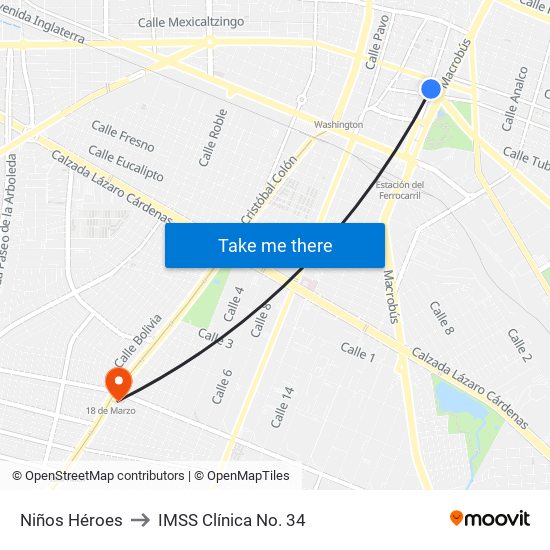 Niños Héroes to IMSS Clínica No. 34 map