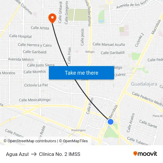 Agua Azul to Clínica No. 2 IMSS map