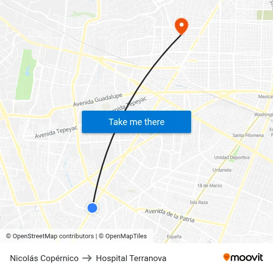 Nicolás Copérnico to Hospital Terranova map