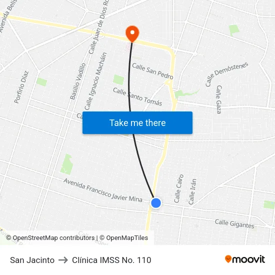 San Jacinto to Clínica IMSS No. 110 map